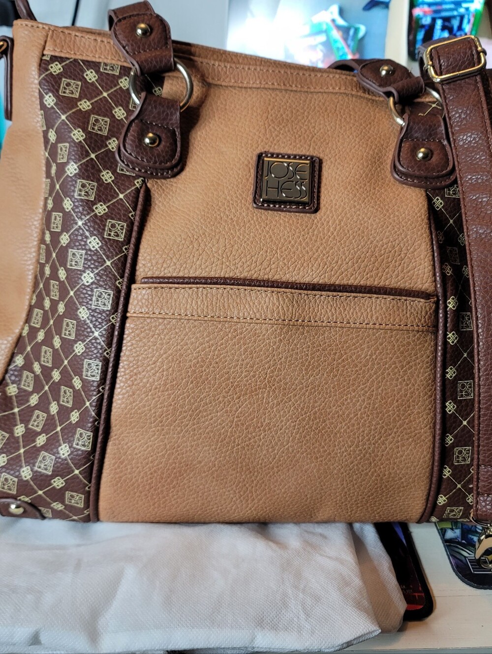 Jose Hess Danbury Mint Large Carmel Brown Shoulder Tote Bag Faux Leather